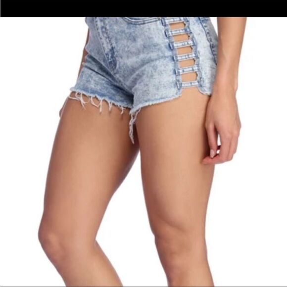 Windsor Acid Wash High Rise Cut Out Distressed Denim Shorts - Picture 9 of 10